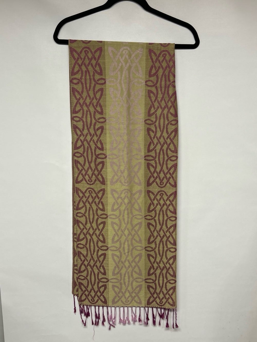 Celtic-Inspired Woven Scarf in Olive and Plum